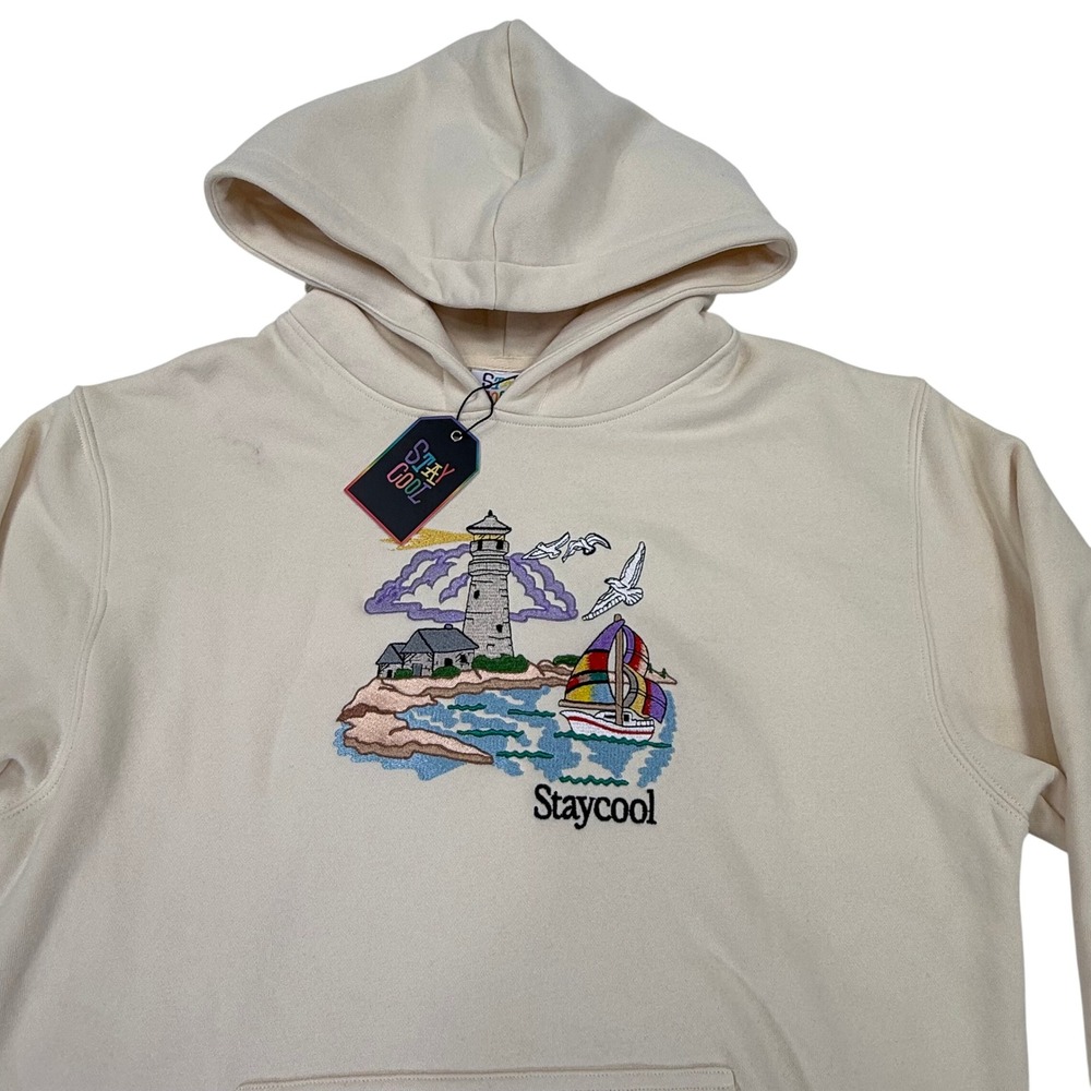 StaycoolNYC Cream Nautical Embroidered Lighthouse Sailboat Hoodie Mens Small NWT